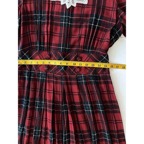 Karin Stevens VTG Dress S/M Petite Red Plaid Pleated Smocked Cottagecore - Picture 9 of 13